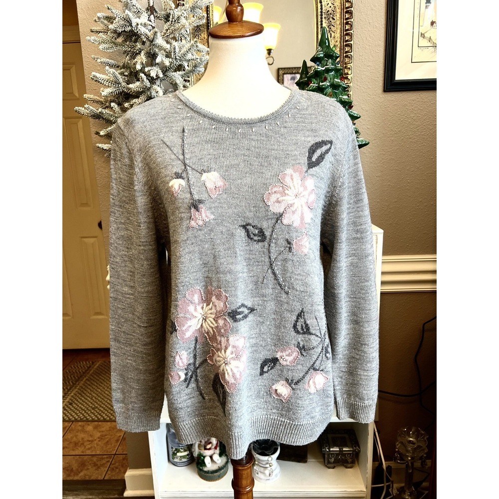 Vintage Alfred Dunner L Floral Beaded Wool Blend Sweater